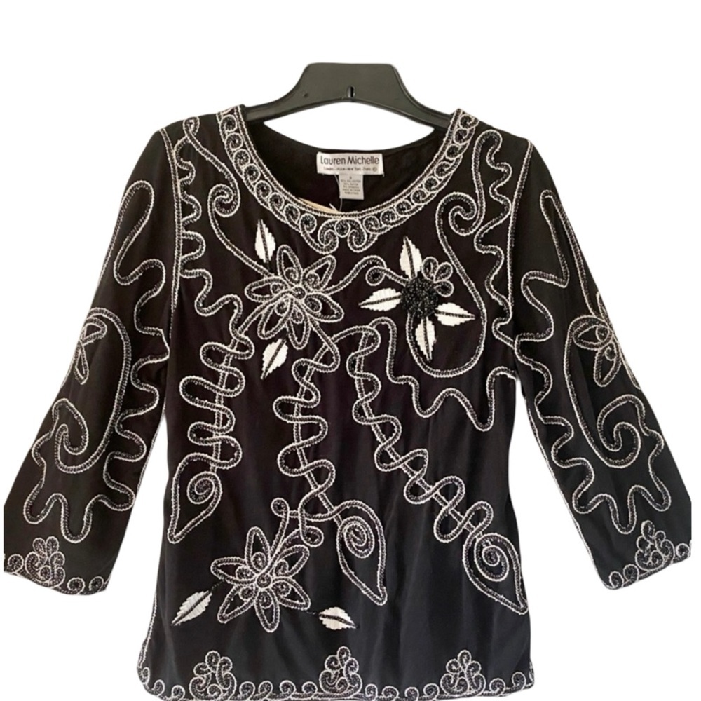 Lauren Michelle Womens Black White Top Embellished Evening Party Blouse Small S
